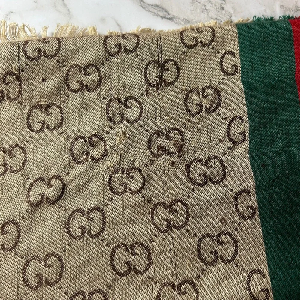 Gucci GG Monogram Web Stripe Scarf Beige Brown Green Red Fringed Made in Italy